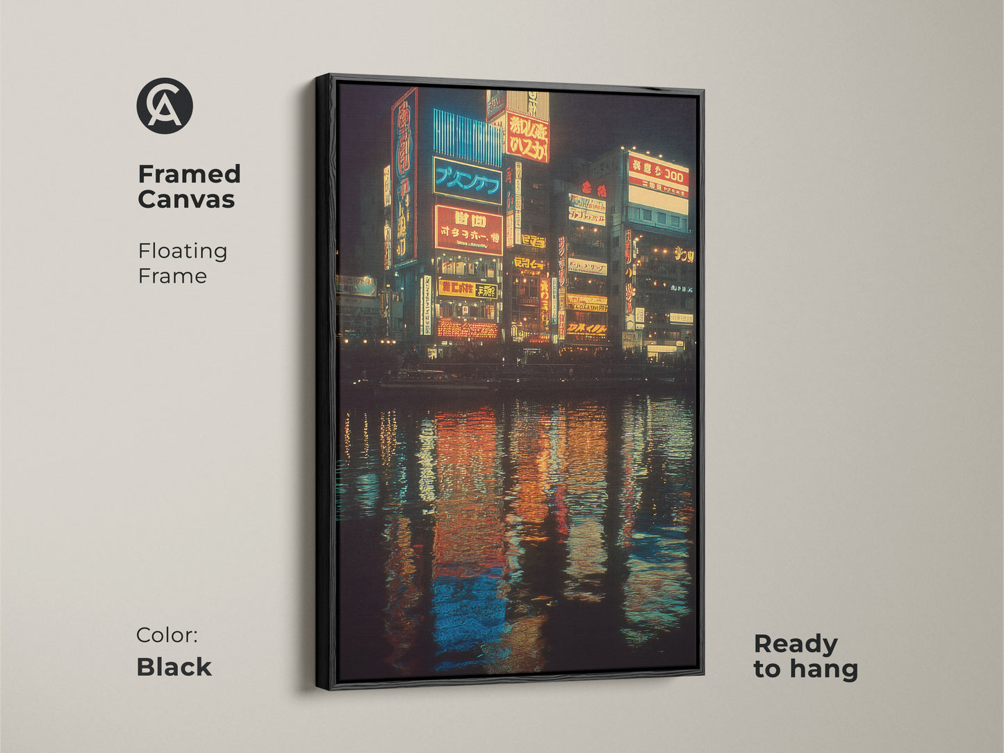 Framed in black this canvas print features Japanese neon art. The floating frame adds a modern touch to the cityscape wall art. The blue yellow orange colors create a vibrant urban nightlife scene ready to hang.