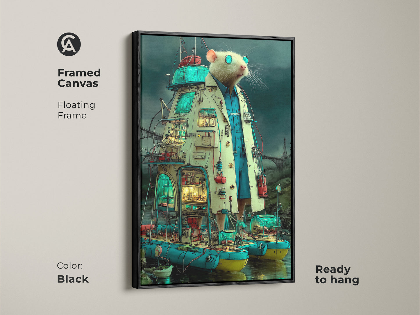 Framed canvas featuring steampunk rat scientist art. The surreal laboratory wall art features an eclectic animal canvas print. The floating frame is black. This artwork is ready to hang.