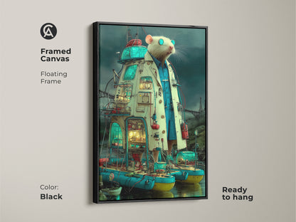 Framed canvas featuring steampunk rat scientist art. The surreal laboratory wall art features an eclectic animal canvas print. The floating frame is black. This artwork is ready to hang.