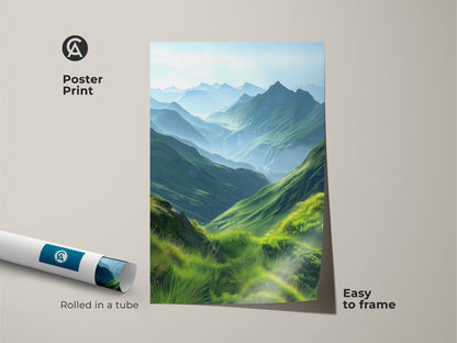 A poster print of an emerald green mountain landscape rolls up next to a framed version. This scenic valley artwork features impressionistic hills. It is easy to frame. Ideal nature-inspired decor for a bedroom or living room. The contemporary piece brings peaceful outdoor scenery indoors.