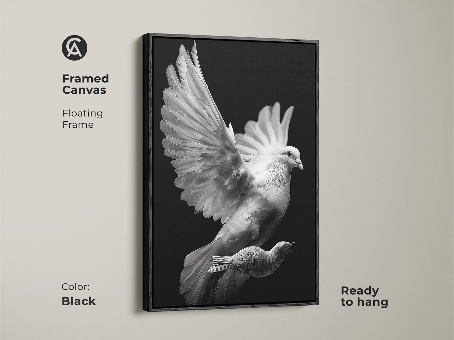 Ready to hang framed canvas. Floating frame displays a monochrome dove art print. This elegant dove artwork is black. This minimalist artwork is ideal as peaceful decor.