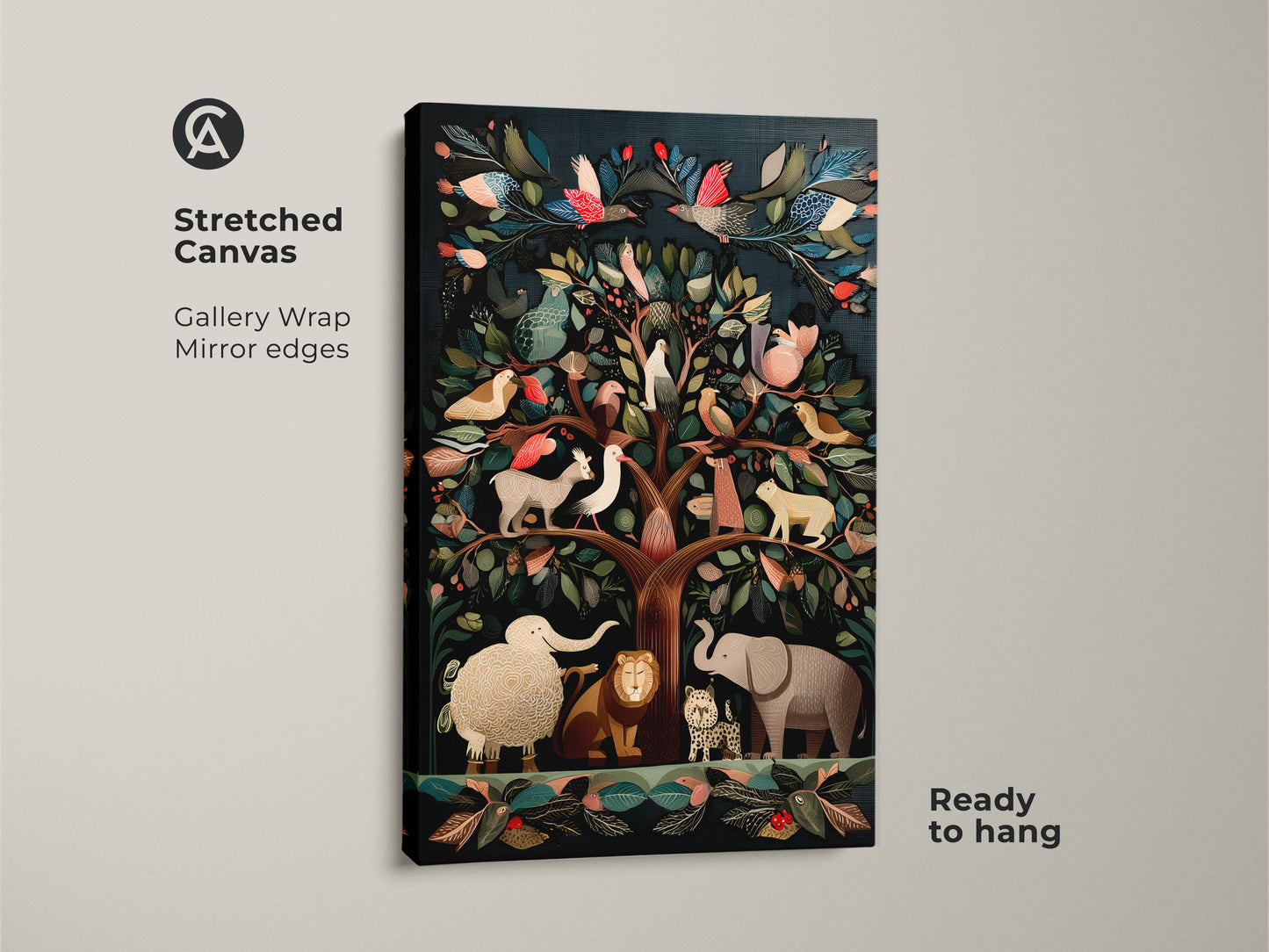 Stretched canvas art print of a Folk Art Tree of Life. The art features exotic birds and animals with gallery wrapped edges and mirror edges. This deep teal emerald green and brown nature decor is ready to hang providing a unique botanical wall hanging.