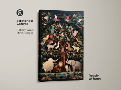 Stretched canvas art print of a Folk Art Tree of Life. The art features exotic birds and animals with gallery wrapped edges and mirror edges. This deep teal emerald green and brown nature decor is ready to hang providing a unique botanical wall hanging.