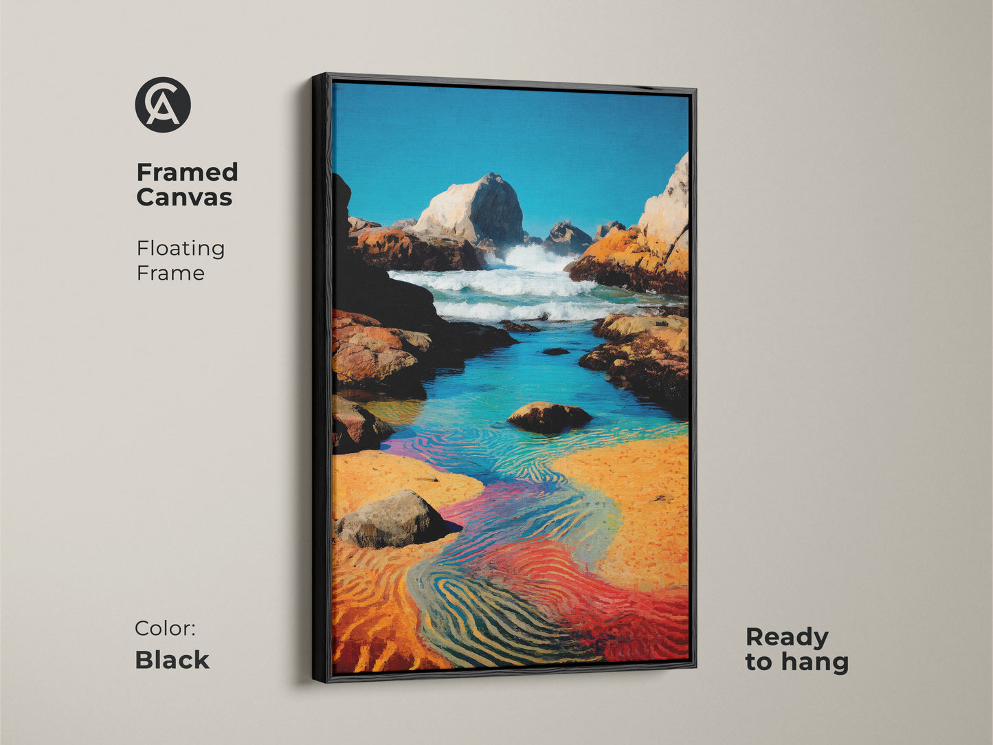 Framed canvas with floating frame in black. It is a blue aqua orange beach landscape. Ready to hang art brings ocean view to coastal living rooms. Impressionist painting of rocky coastline.