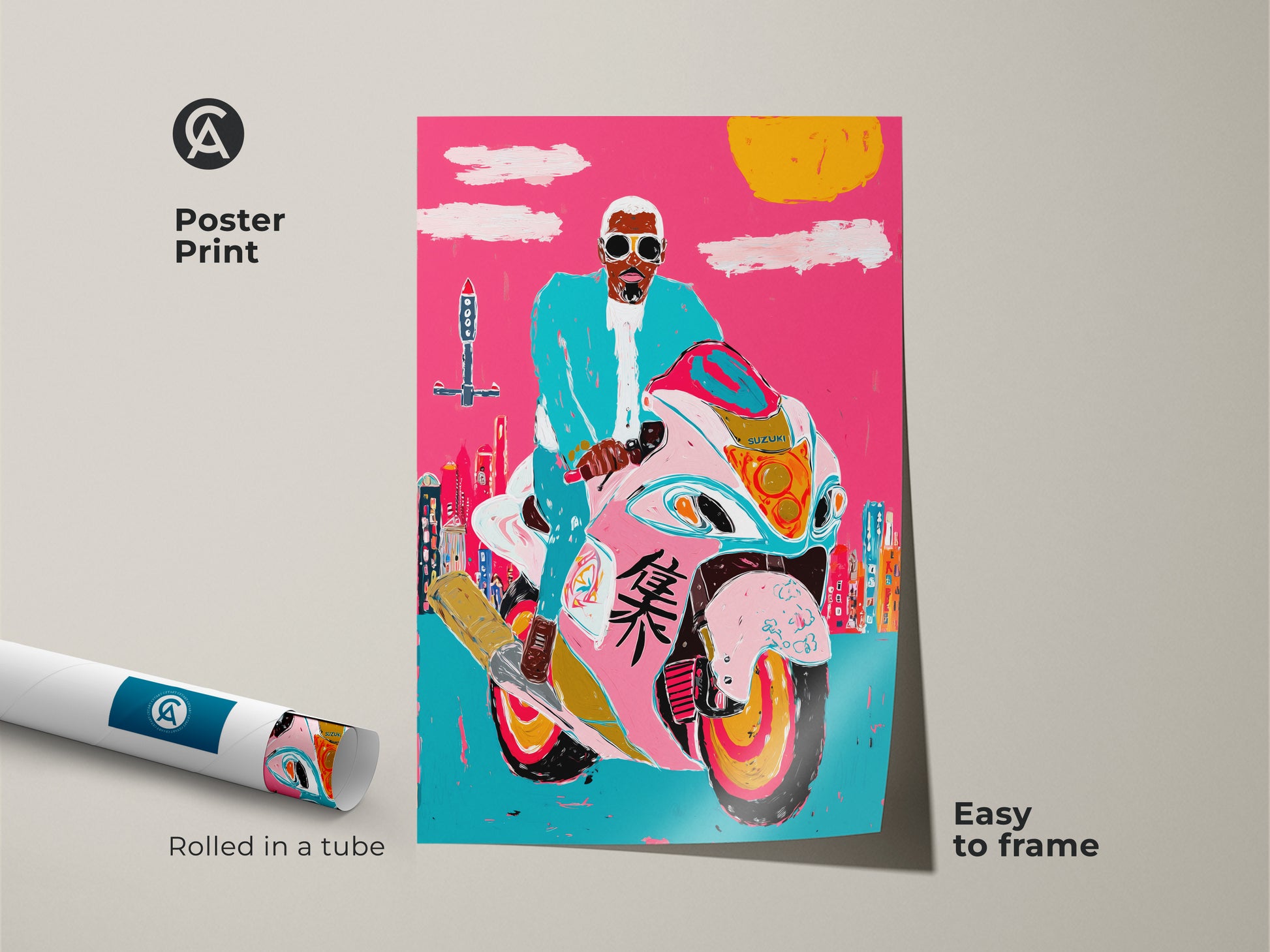 Poster print of urban cityscape wall art featuring a motorcycle rider. The hot pink and turquoise pop art print is easy to frame. A gift for biker him or a unique transportation print. Rolled in a tube for protection. Adds a graffiti style.