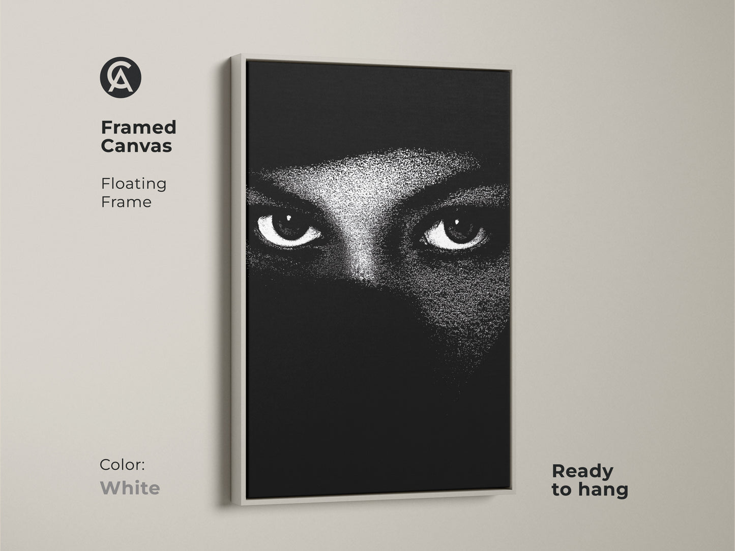 White framed canvas displays monochrome eyes wall art. The abstract face canvas print shows minimalist portrait art. Black and white bedroom decor makes for contemporary living room art. High contrast artwork offers a modern abstract print. This mystery themed art is ready to hang.