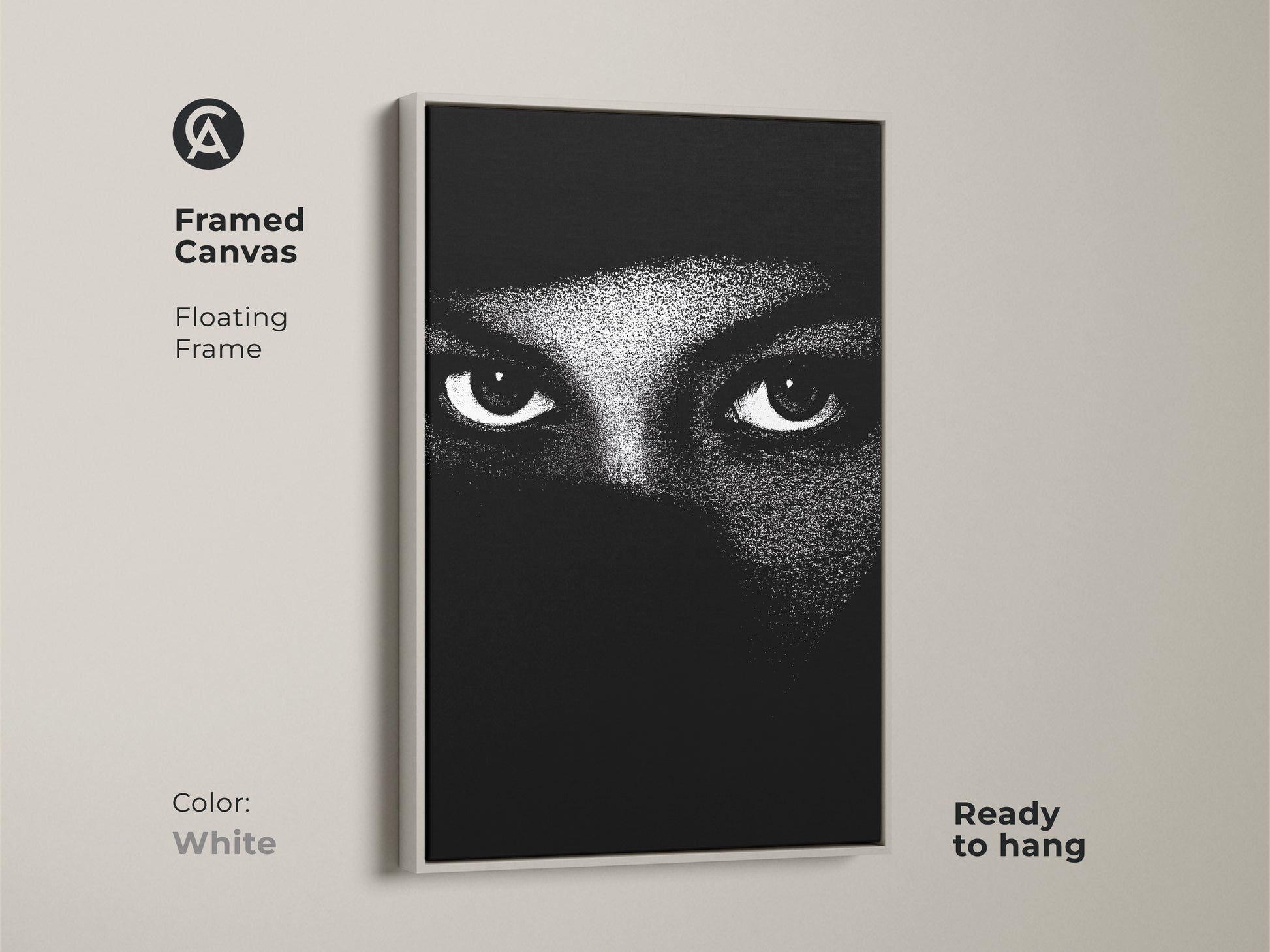 White framed canvas displays monochrome eyes wall art. The abstract face canvas print shows minimalist portrait art. Black and white bedroom decor makes for contemporary living room art. High contrast artwork offers a modern abstract print. This mystery themed art is ready to hang.