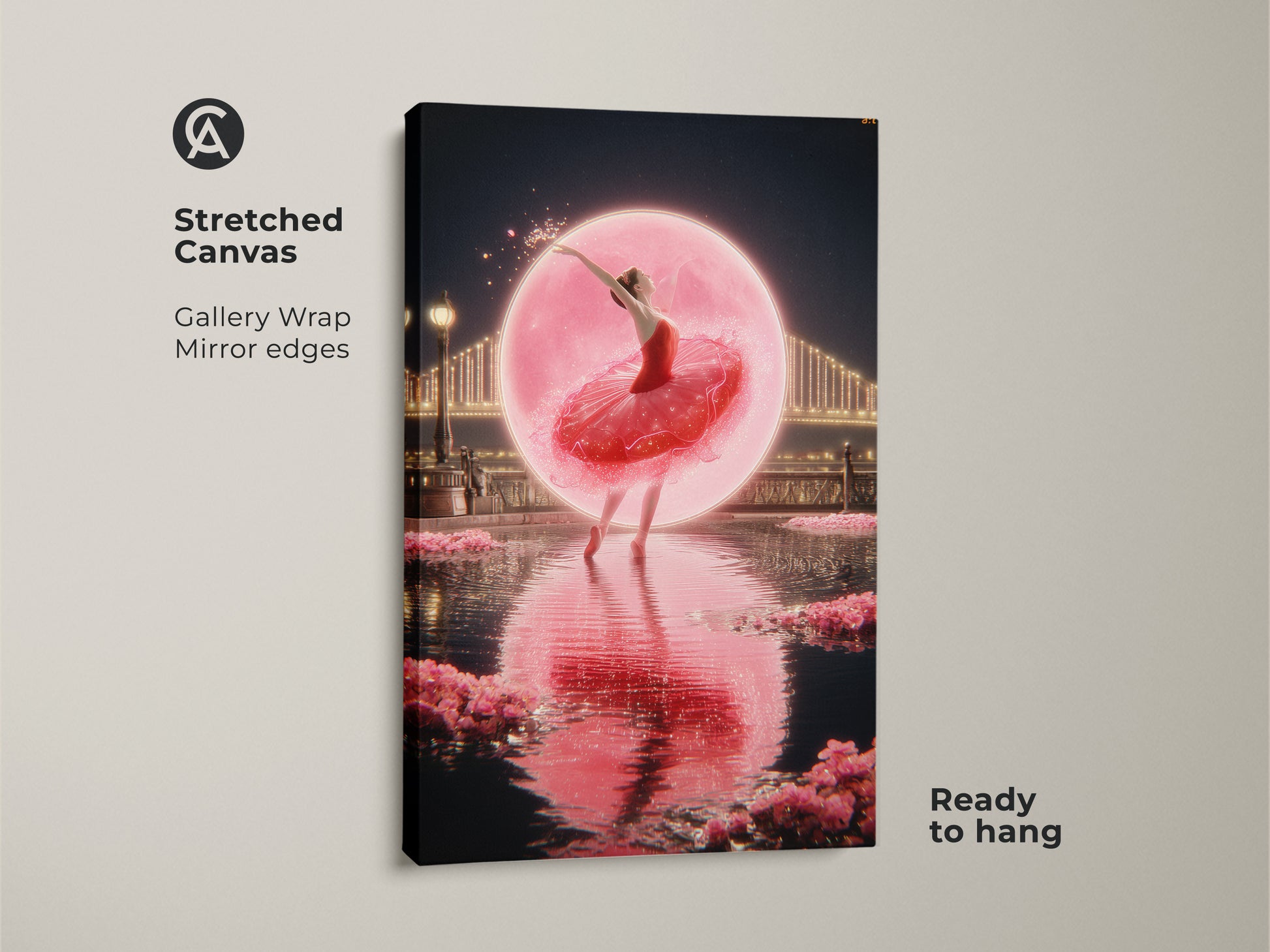 Pink ballerina canvas art ready to hang. Gallery wrapped and stretched on canvas. This romantic cityscape wall art features mirror edges. Fantasy ballet dancer print is ideal dreamy bedroom decor. Contemporary dance art for red pink wall art.