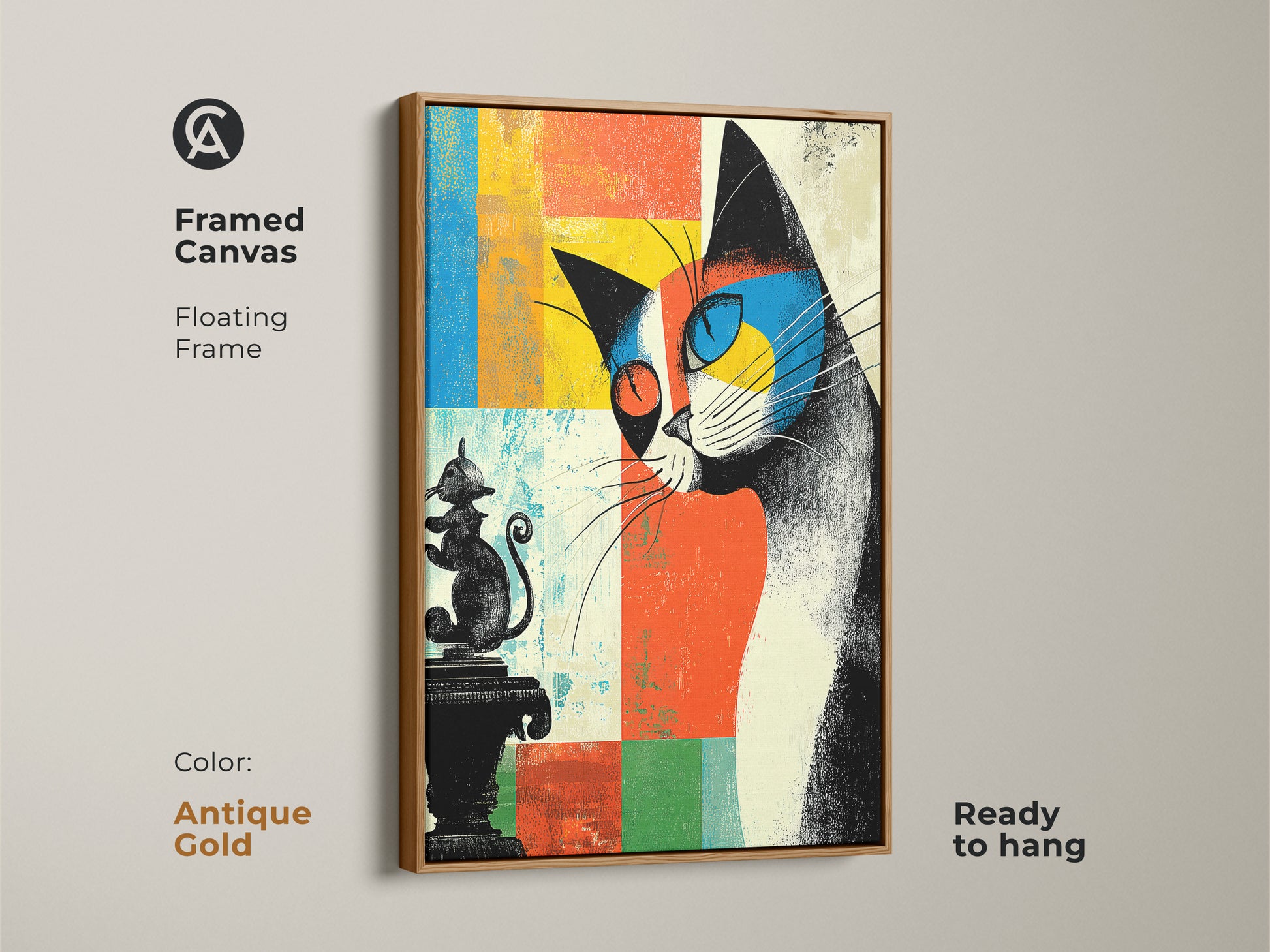 Framed canvas with a floating frame presenting an abstract cat artwork. The antique gold frame adds a touch of sophistication. Ready to hang. It is a perfect housewarming gift for those who appreciate quirky animal prints.