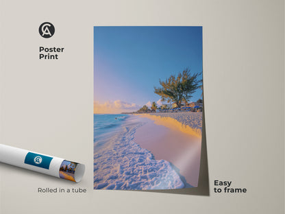 Poster Print Sky Blue Aqua Beach art shows tropical palm trees and ocean landscape. This coastal home decor wall art is easy to frame. Perfect for bringing a tropical getaway into your home. Ideal as a housewarming gift or for beach lovers this piece is rolled in a tube
