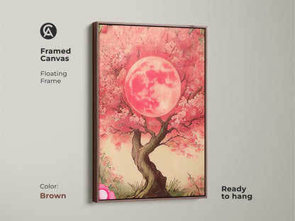 Brown framed canvas featuring a Pink Moon Tree. This floating frame showcases fuchsia floral art. Ready to hang dreamy botanical wall decor is perfect for any room. Add this piece to your space.