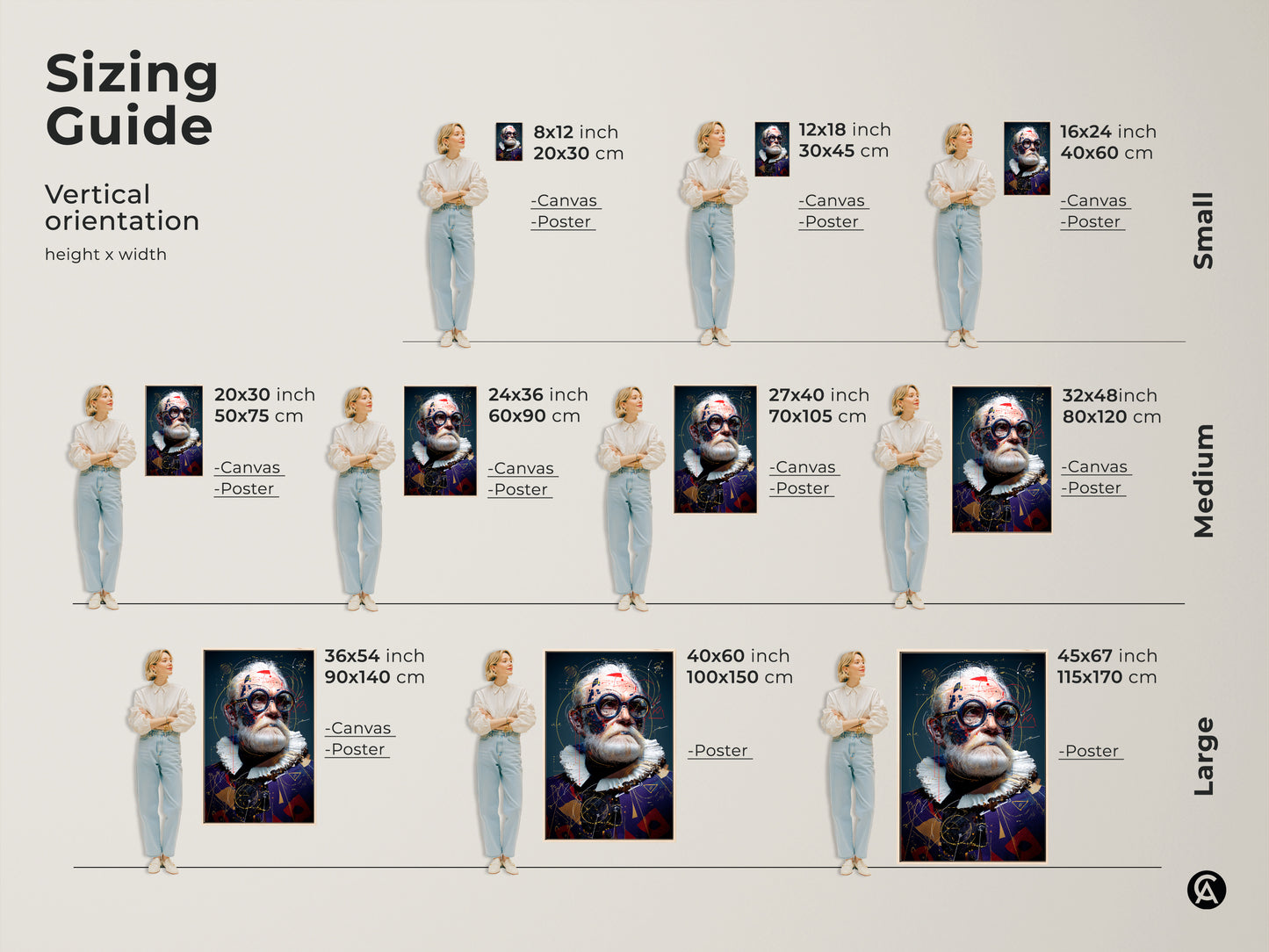 Sizing guide showcasing the vertical steampunk art in various dimensions. Options range from small 8x12 inch canvases to large 45x67 inch prints. Find the perfect fit for your space.
