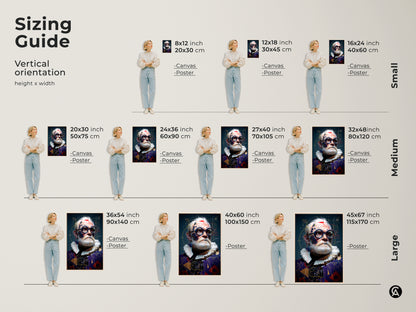 Sizing guide showcasing the vertical steampunk art in various dimensions. Options range from small 8x12 inch canvases to large 45x67 inch prints. Find the perfect fit for your space.