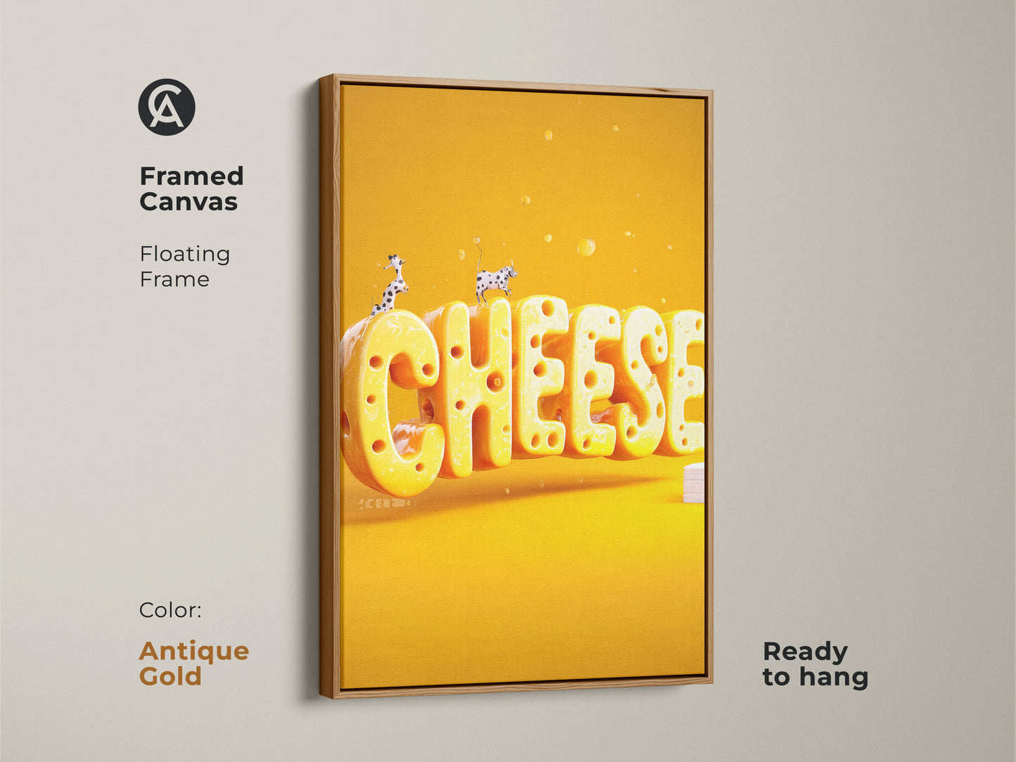 Framed canvas in antique gold featuring the 3D CHEESE word art. The floating frame adds elegance. Ready to hang it's perfect for kitchen or dining rooms. This yellow and orange print adds a unique housewarming gift.