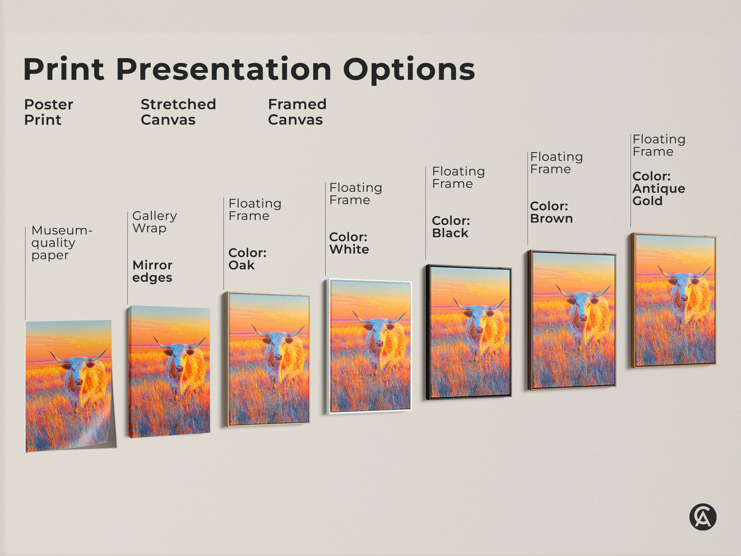 Explore print presentation options for the longhorn art print. Choose from poster prints stretched canvas and framed canvas. Customize your artwork with floating frames in black brown antique gold oak and white.