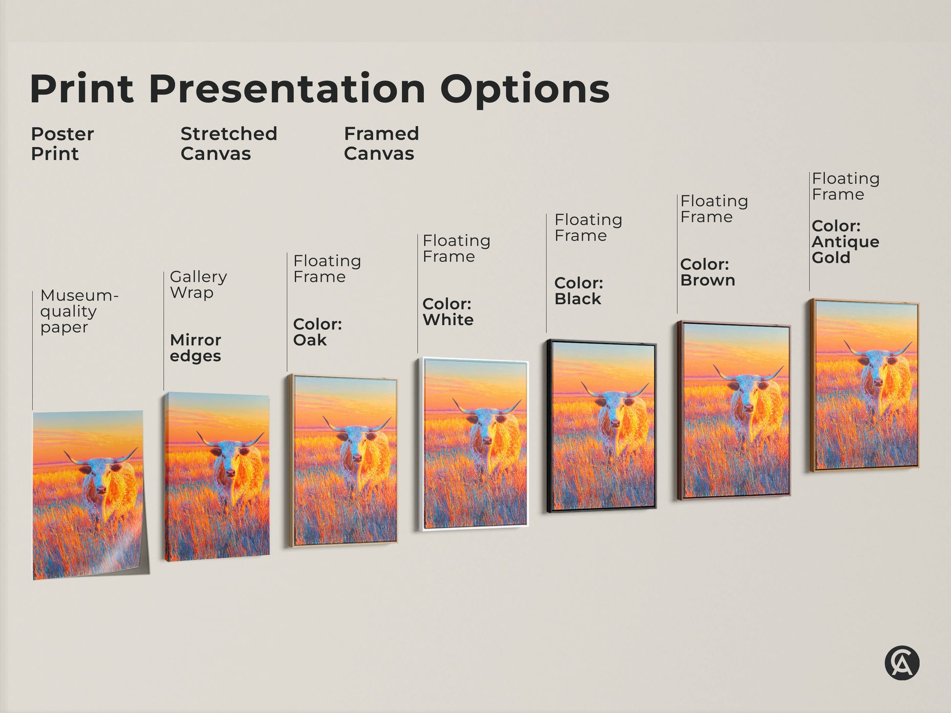 Explore print presentation options for the longhorn art print. Choose from poster prints stretched canvas and framed canvas. Customize your artwork with floating frames in black brown antique gold oak and white.