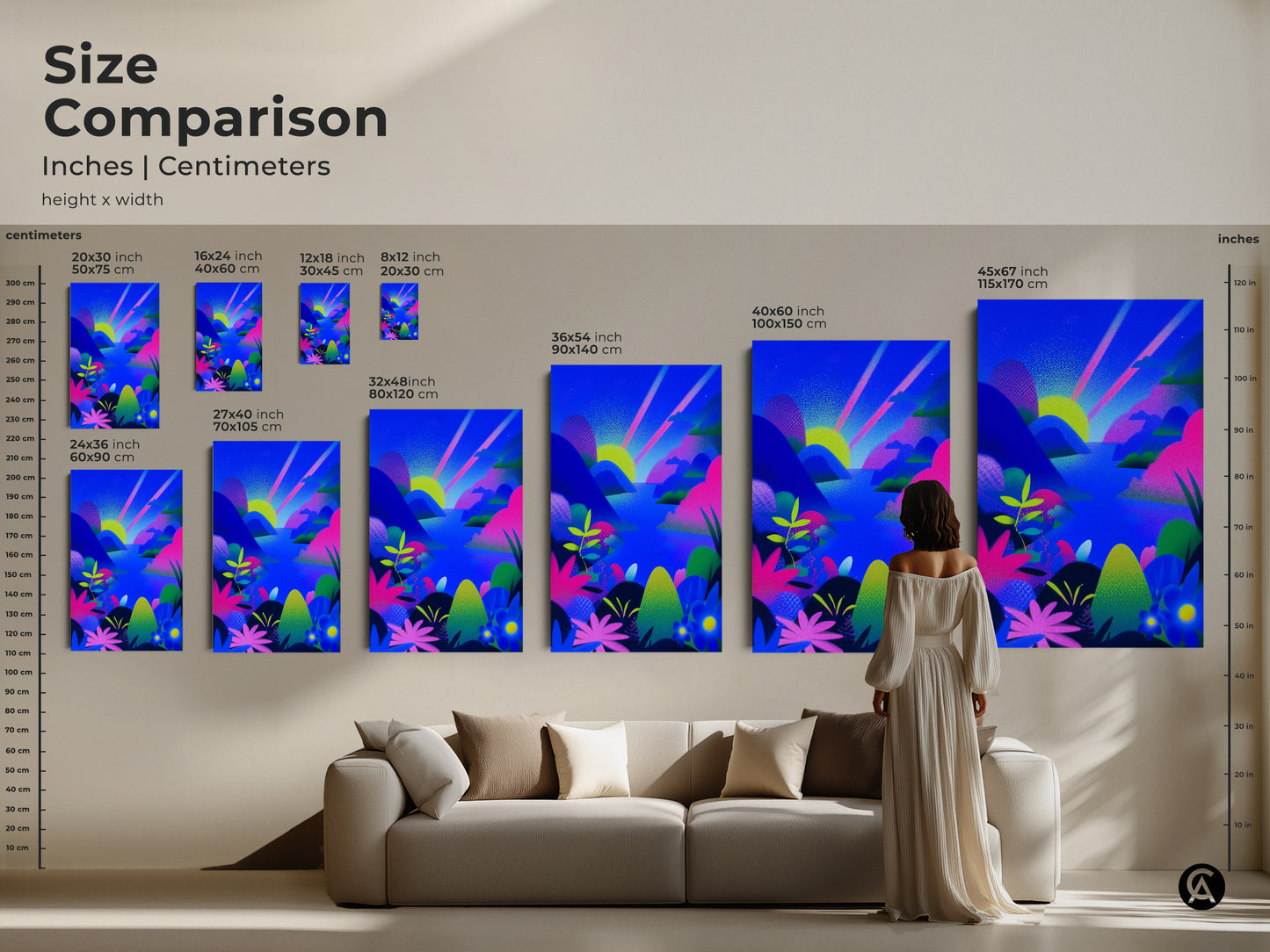 Size comparison of fantasy abstract landscape art. See the blue green pink canvas in various sizes inches and centimeters. Perfect nature inspired wall art for your home. Choose from canvas or poster. Enhance your living room decor with eclectic artwork.