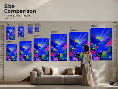 Size comparison of fantasy abstract landscape art. See the blue green pink canvas in various sizes inches and centimeters. Perfect nature inspired wall art for your home. Choose from canvas or poster. Enhance your living room decor with eclectic artwork.