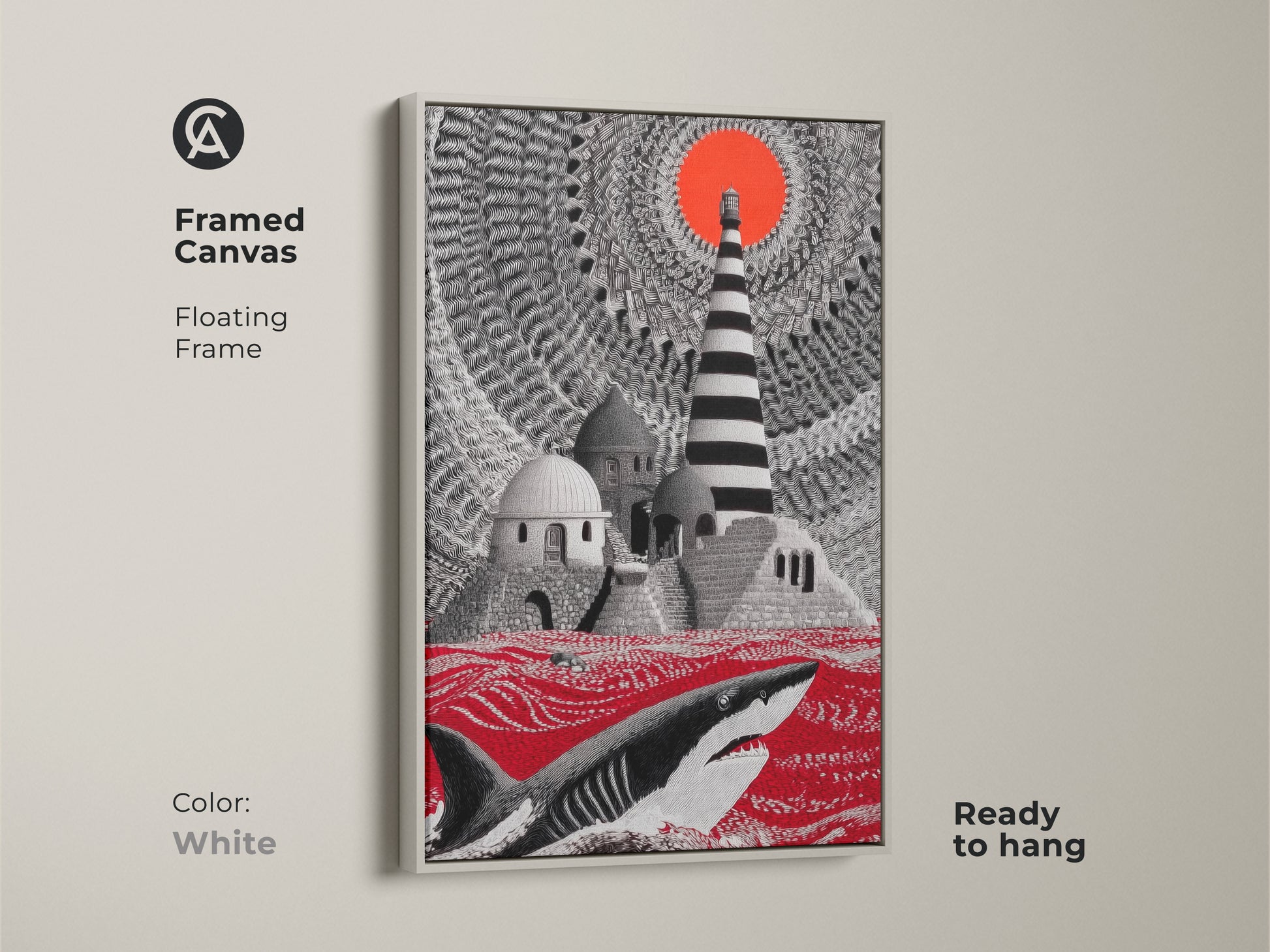 White framed canvas showing surreal shark art. The crimson ocean canvas art includes a lighthouse offering fantasy wall decor. Ready to hang this nautical artwork is the perfect eclectic home decor gift.