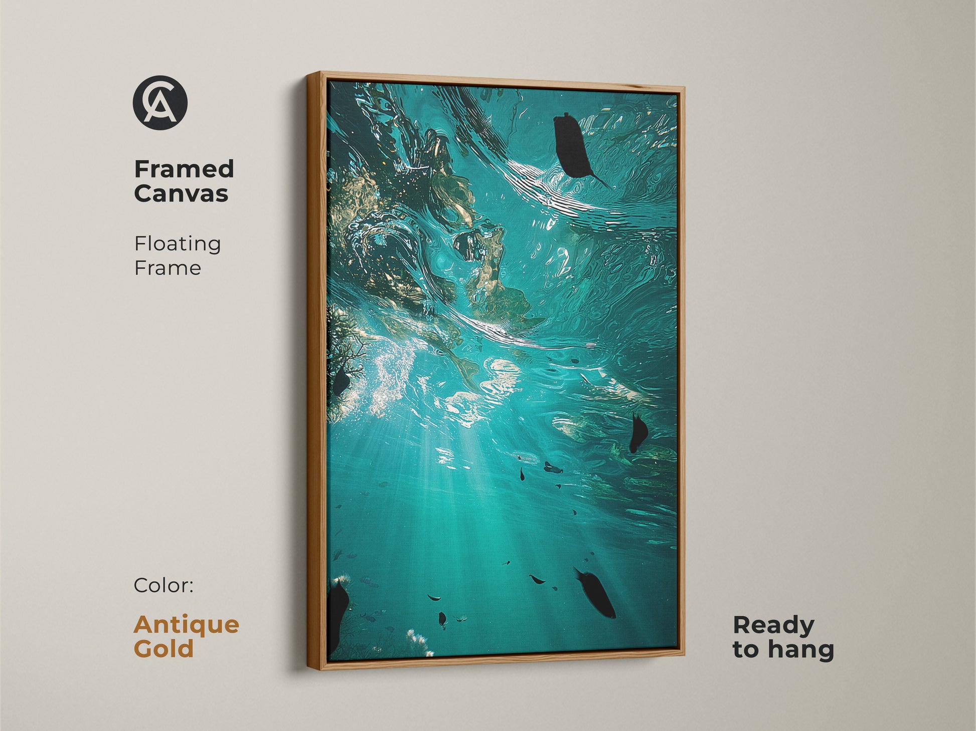 Framed canvas with a floating antique gold frame showcasing underwater ocean artwork. The teal aqua scene brings coastal charm. Ready to hang marine life artwork adding tropical beauty to any room.