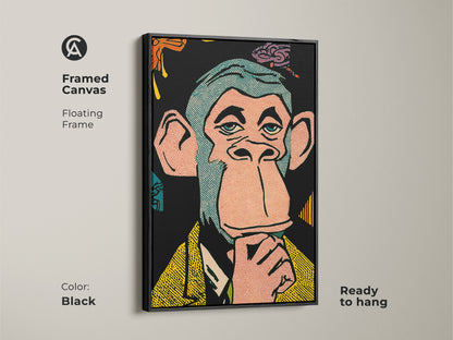 Framed canvas art featuring a Bored Ape NFT. The floating frame enhances the artwork. This piece is a great conversation starter. Ready to hang and enjoy this modern art in your home or office.