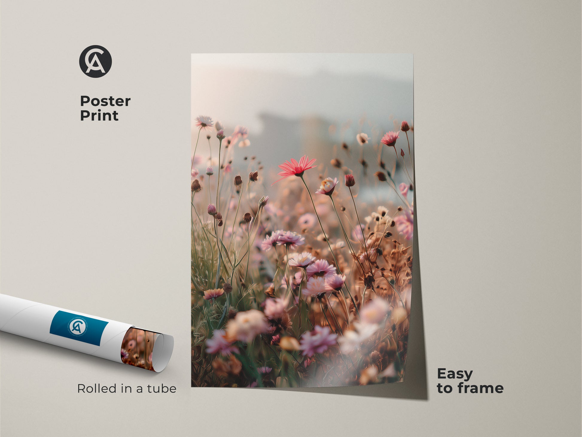 Poster Print of Soft Focus Floral Art. Rolled in a tube and easy to frame. This coral pink daisy and cosmos botanical wall art brings boho blush pink to any room. Great housewarming gift for nature lovers.