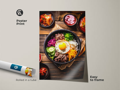 Poster print of Bibimbap artwork rolled in a tube. This Korean food photography is easy to frame and adds a culinary touch to your walls. Showcasing beef vegetables and a fried egg. It's ideal for kitchen dining room decor.