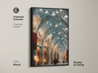 Framed canvas of Gothic Arches Wall Art with a black floating frame. Ready to hang art nouveau architectural print. The teal and gray tones offer sophisticated wall art. An architectural interior is showcased. Makes a unique housewarming gift.