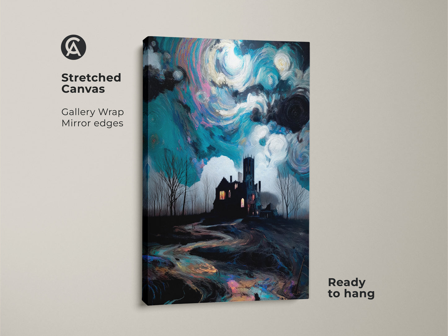 Stretched canvas print of a gothic haunted house. The artwork shows a surreal landscape with a deep blue and dark teal swirling sky. Gallery wrapped with mirror edges it's ready to hang. This dark academia art print adds an eclectic gothic decor touch.