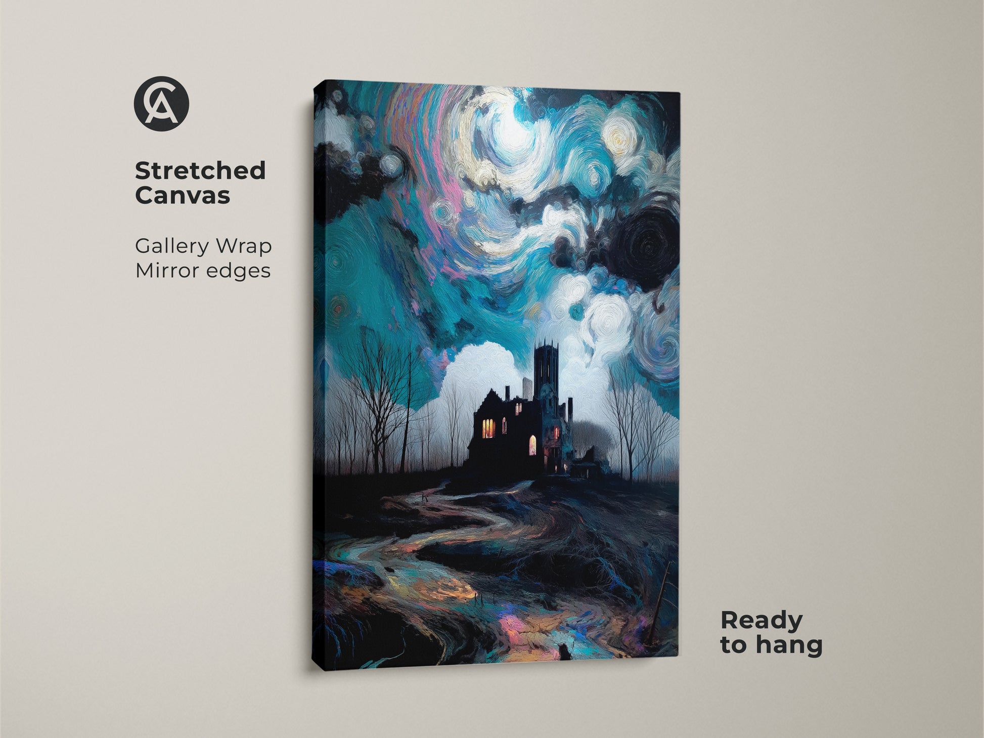 Stretched canvas print of a gothic haunted house. The artwork shows a surreal landscape with a deep blue and dark teal swirling sky. Gallery wrapped with mirror edges it's ready to hang. This dark academia art print adds an eclectic gothic decor touch.