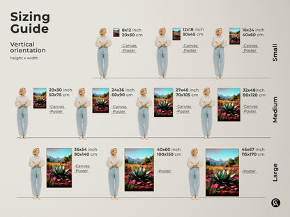 Sizing guide displays vertical orientations of canvas and poster art. Each artwork shows an agave plant. This provides visuals to aid in selecting the perfect dimensions for home decor. Sizes range from small to large. Consider the art as a housewarming present.