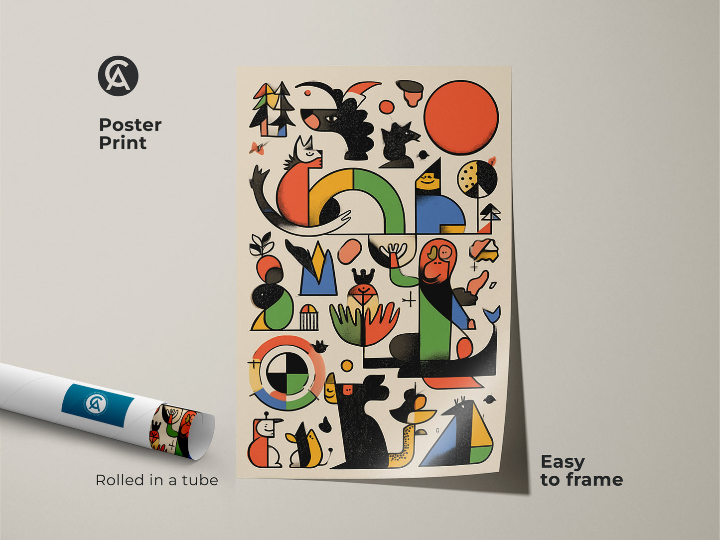 Poster print showcasing Mid-Century Modern art. Abstract geometric design features a dog and bird. Rolled in a tube this Bauhaus-inspired artwork is easy to frame. A unique wall decor piece.