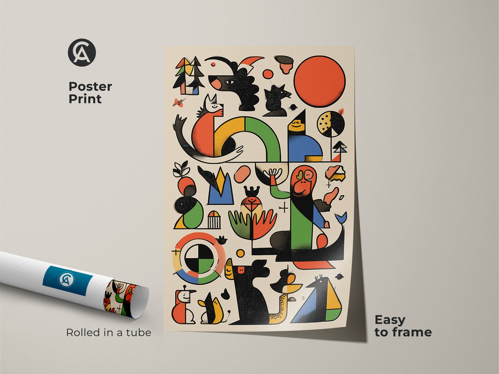 Poster print showcasing Mid-Century Modern art. Abstract geometric design features a dog and bird. Rolled in a tube this Bauhaus-inspired artwork is easy to frame. A unique wall decor piece.
