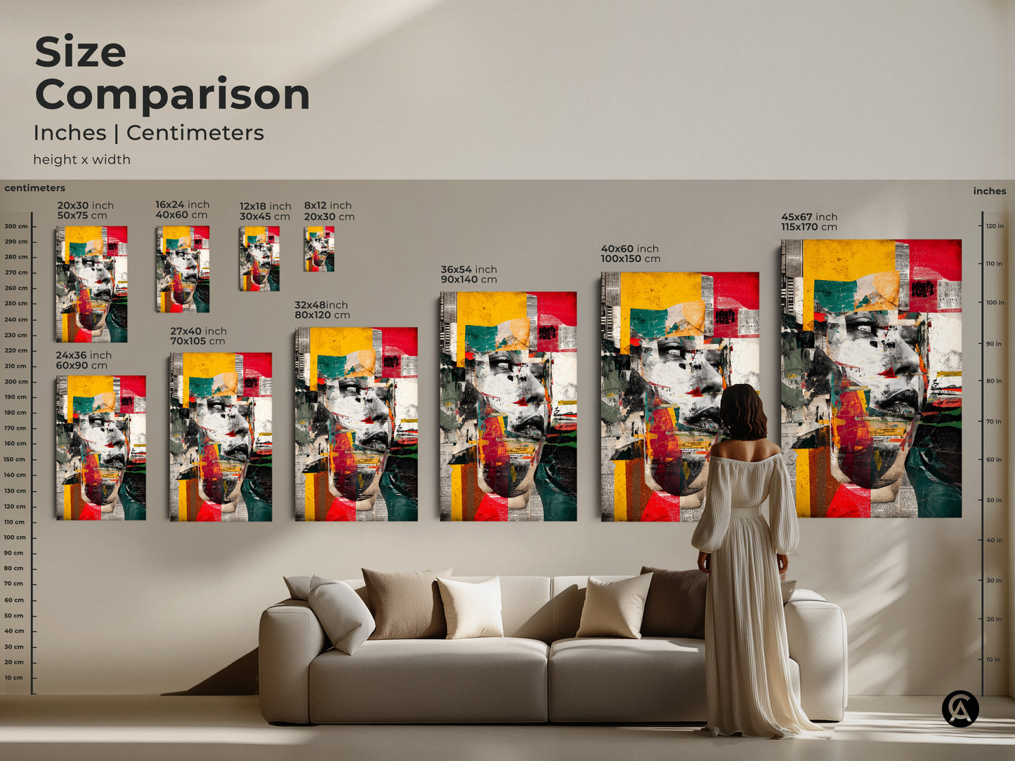 Size comparison of abstract woman face artwork. See how the art fits above a couch. Available in various sizes from small to large for canvas or poster prints.