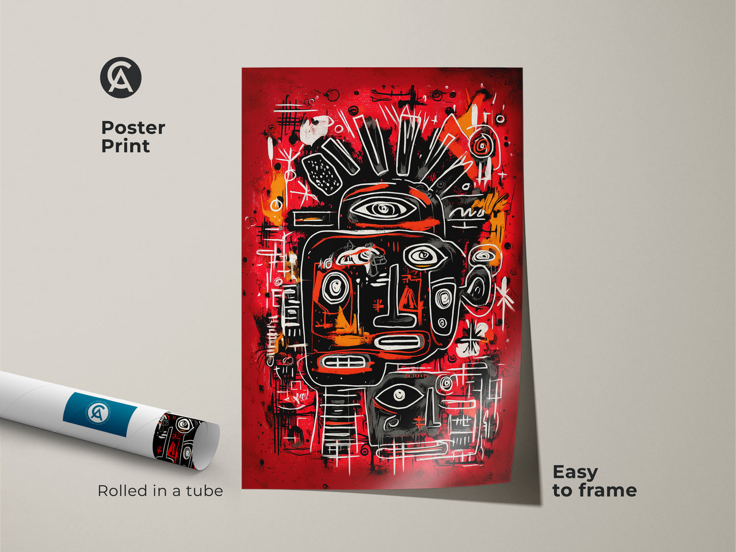 A poster print of an abstract face artwork. The artwork features a red background with black white and orange details. It is rolled in a tube and easy to frame. Purchase this museum-quality print now