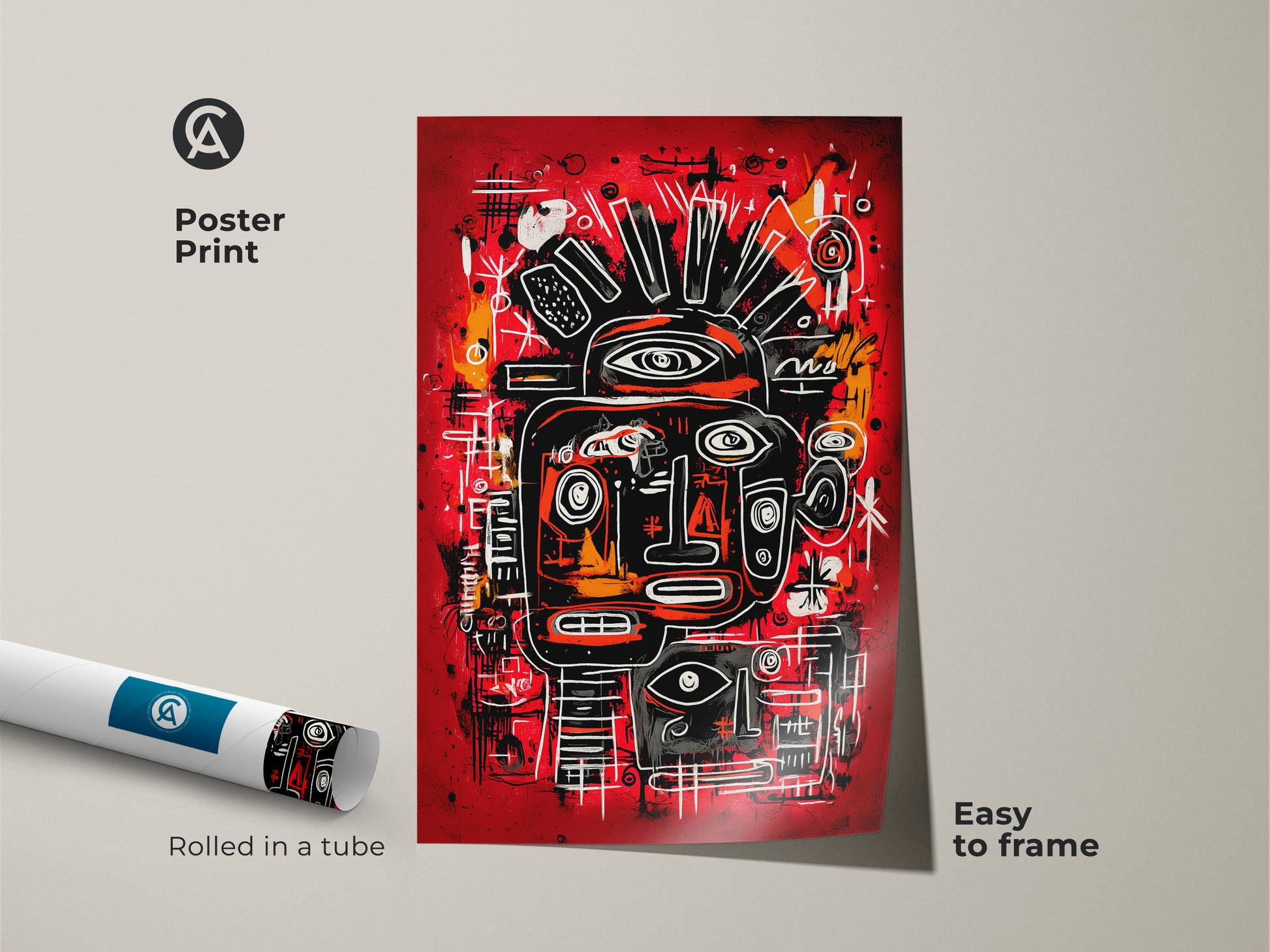A poster print of an abstract face artwork. The artwork features a red background with black white and orange details. It is rolled in a tube and easy to frame. Purchase this museum-quality print now
