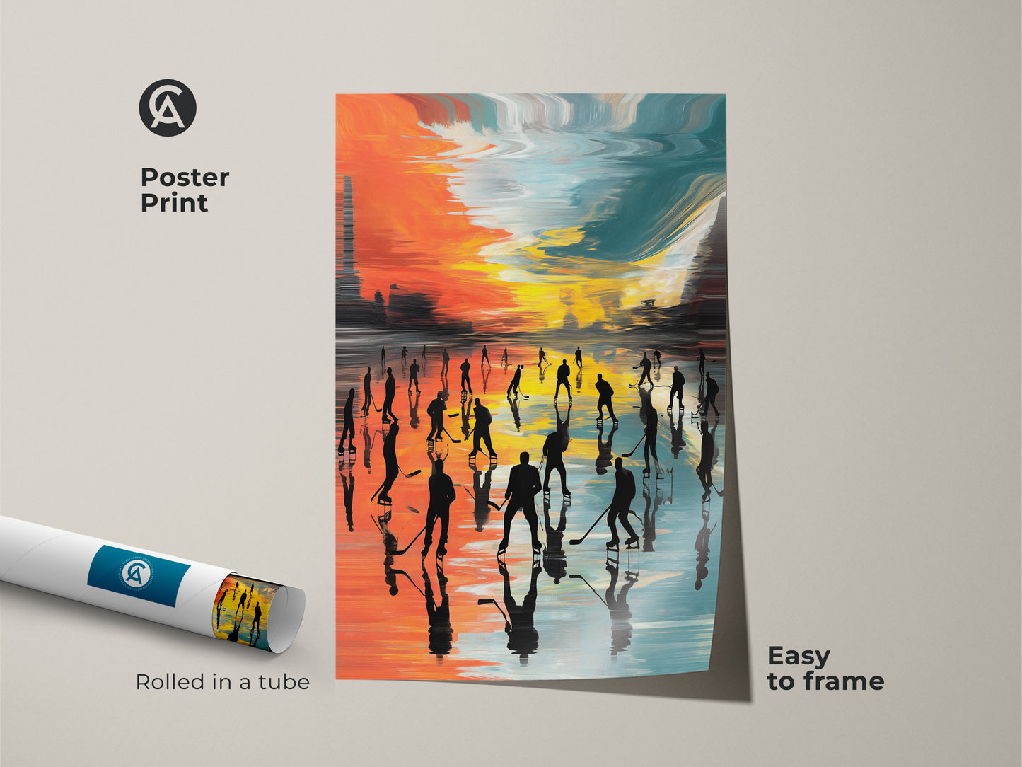 Poster print of abstract hockey art rolled in a tube and easy to frame. The contemporary sports artwork uses orange teal and yellow colors. It shows a silhouetted ice arena with dynamic hockey players. This is great wall decor.