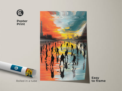 Poster print of abstract hockey art rolled in a tube and easy to frame. The contemporary sports artwork uses orange teal and yellow colors. It shows a silhouetted ice arena with dynamic hockey players. This is great wall decor.