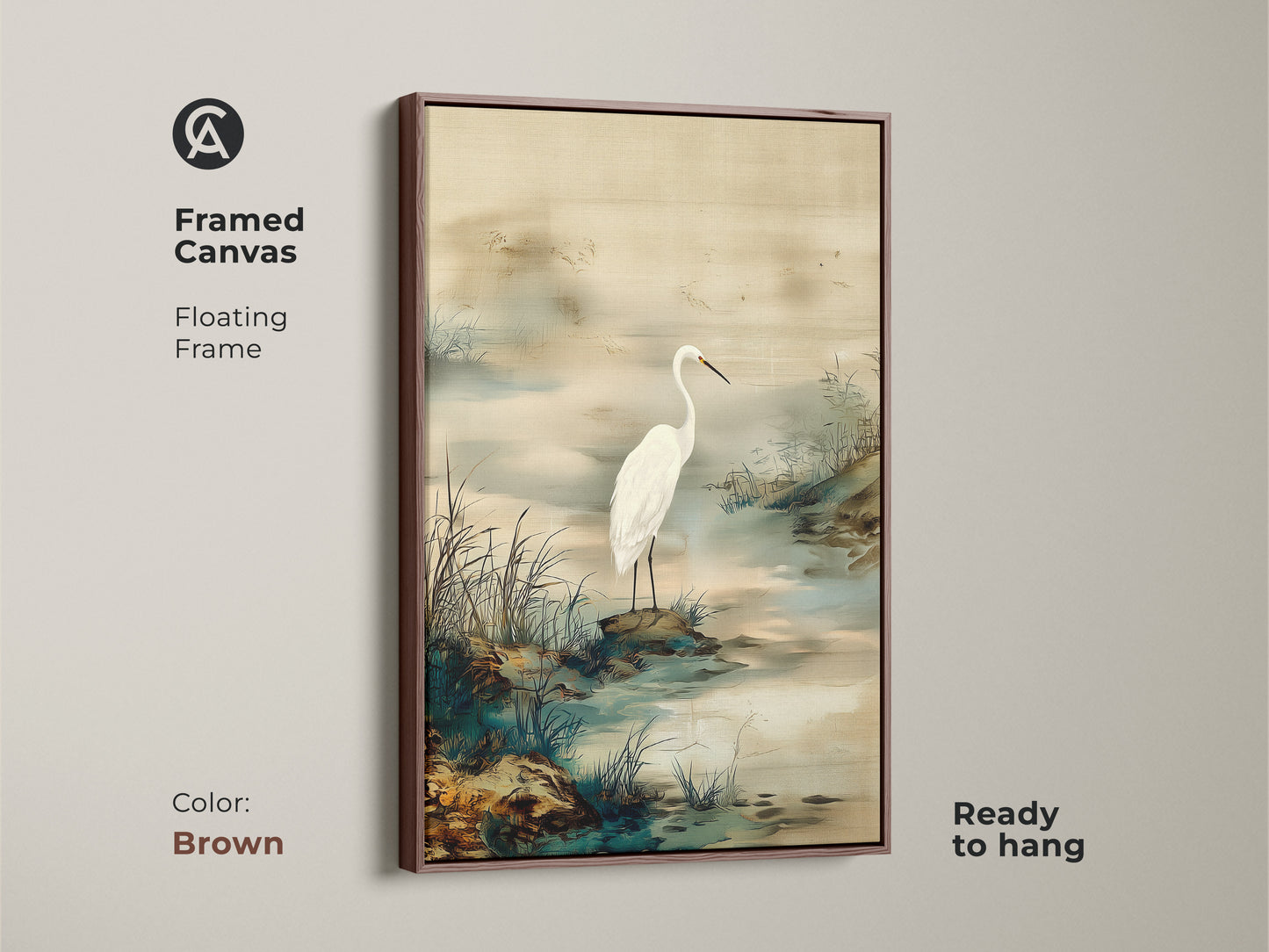 Brown framed canvas of an Egret bird in its habitat. Japandi style wall art provides a minimalist landscape. Ink wash egret painting featuring beige and green hues. Elegant bird art to hang.