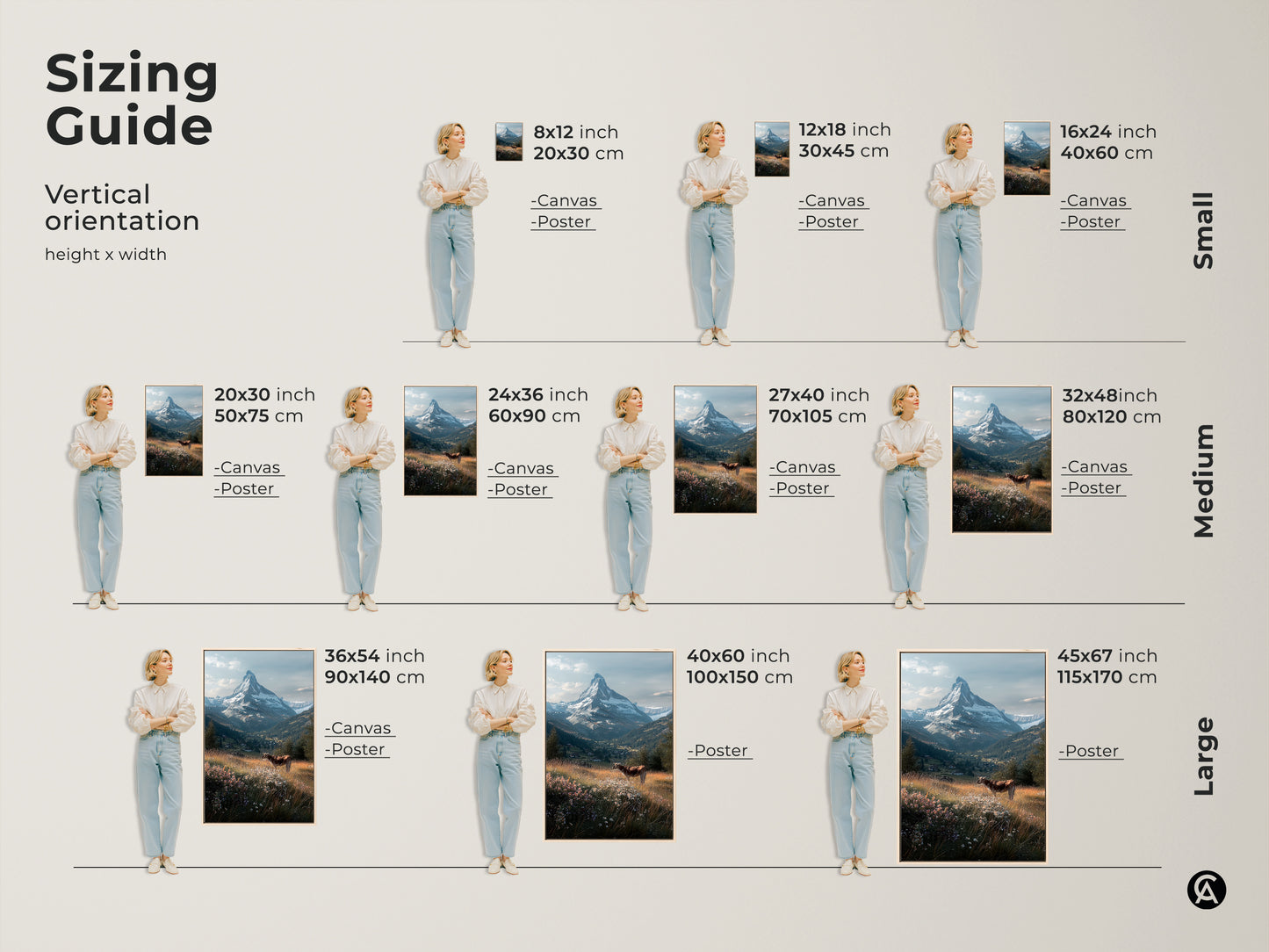 Find the perfect fit with our sizing guide for this Matterhorn artwork. Vertical orientation options range from small to large. Visualize how canvas and poster prints look in different dimensions. Enhance your space with this beautiful Swiss Alps scene.