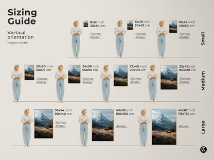 Find the perfect fit with our sizing guide for this Matterhorn artwork. Vertical orientation options range from small to large. Visualize how canvas and poster prints look in different dimensions. Enhance your space with this beautiful Swiss Alps scene.