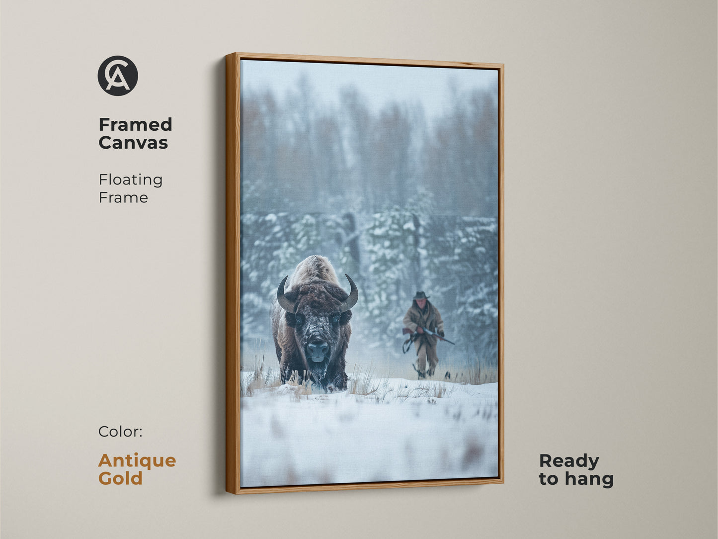 Framed artwork featuring a bison in a snowy scene. The antique gold floating frame adds a vintage touch. A hunter is in the background. This canvas comes ready to hang. Perfect for adding a touch of wildlife to any room.