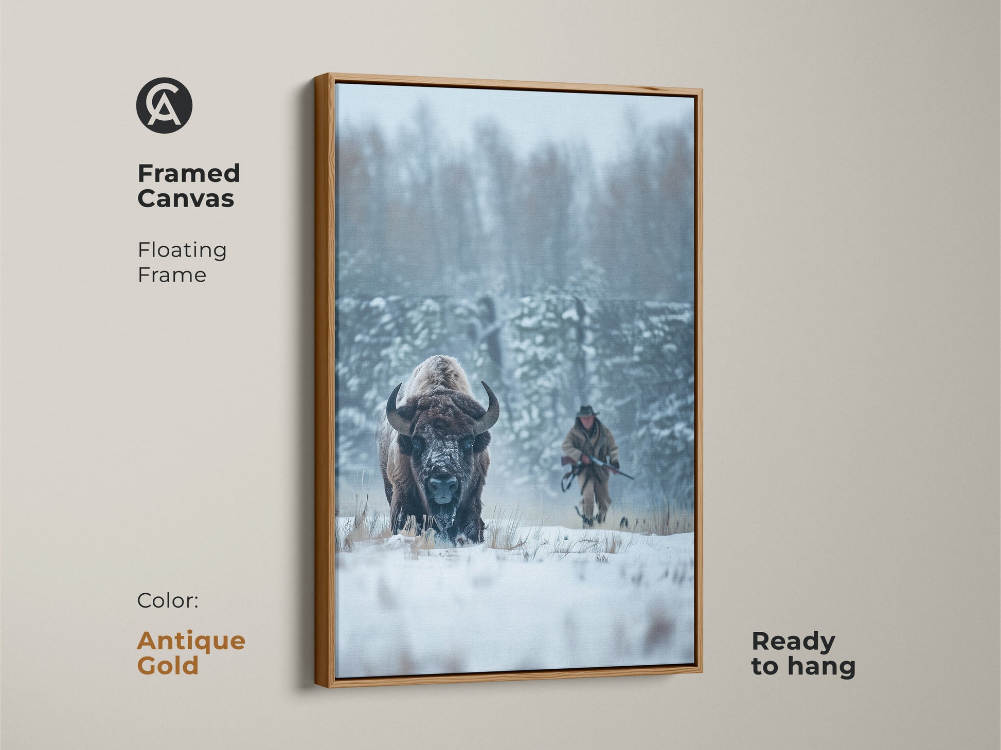 Framed artwork featuring a bison in a snowy scene. The antique gold floating frame adds a vintage touch. A hunter is in the background. This canvas comes ready to hang. Perfect for adding a touch of wildlife to any room.
