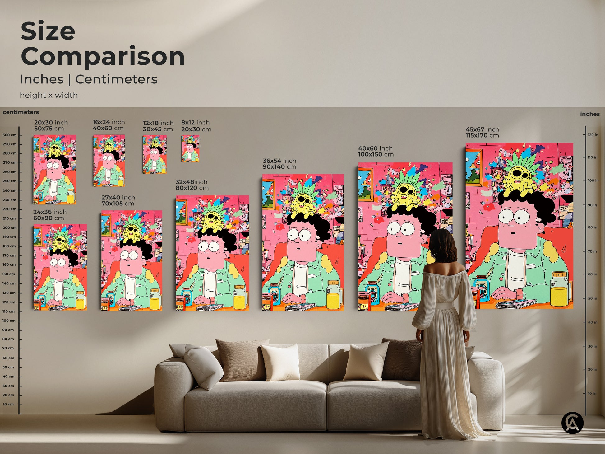 Size comparison of cartoon art prints. See how different sizes look in a room setting. Artwork includes canvas and poster options. Sizes range from small to large. Visualize the art in your space.