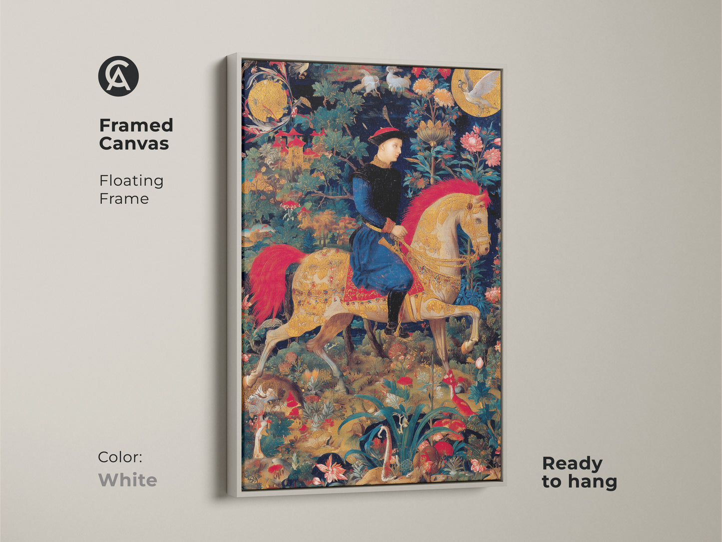 This framed canvas print shows a medieval knight on horseback. The floating frame is white. The emerald green and gold tapestry art is ready to hang. It is a historical fantasy canvas. This eclectic piece adds a bright and classic touch to your wall decor.