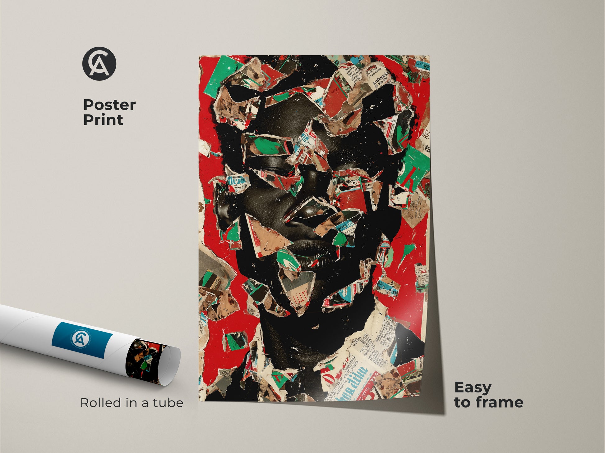 Poster print of an abstract face collage in red and black. Modern portrait artwork is easy to frame. Rolled in a tube for convenient shipping and handling. Contemporary wall art adds an artistic touch to any space.