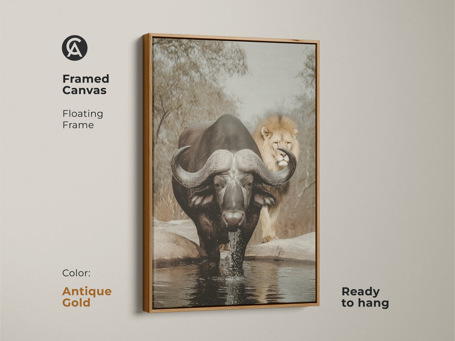 Framed canvas featuring an African buffalo and lion. The antique gold floating frame adds elegance to this wildlife art. This sepia canvas print is ready to hang. The big game hunting art is ideal for eclectic home decor. A striking safari piece.
