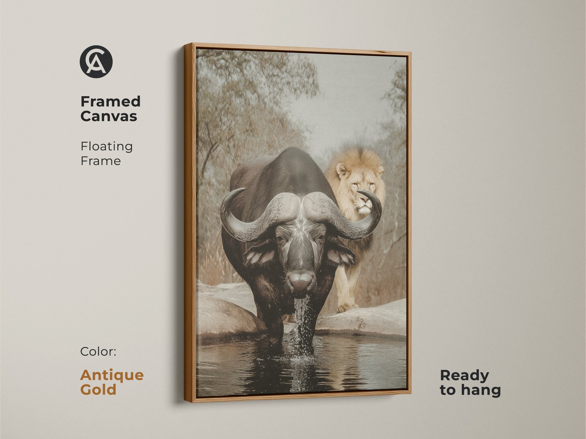 Framed canvas featuring an African buffalo and lion. The antique gold floating frame adds elegance to this wildlife art. This sepia canvas print is ready to hang. The big game hunting art is ideal for eclectic home decor. A striking safari piece.