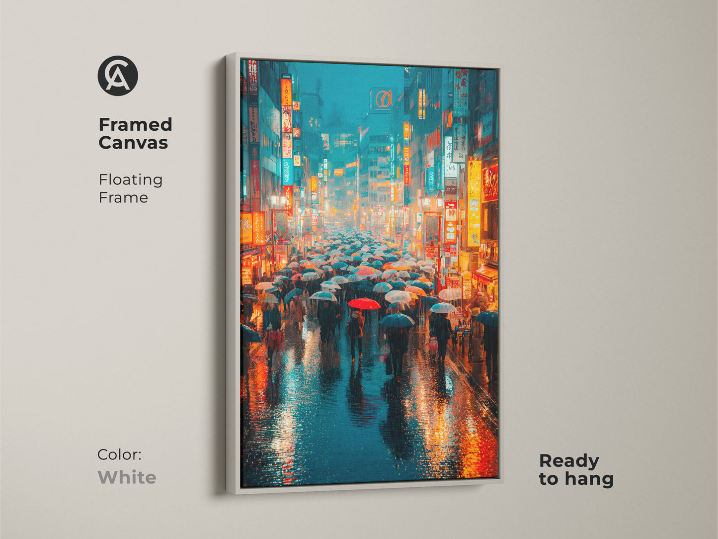 This framed canvas features cyberpunk rainy night art in a white frame. The artwork displays a neon Japanese street. Ready to hang this cinematic artwork adds a clean modern touch to your home decor. It's perfect for contemporary spaces.