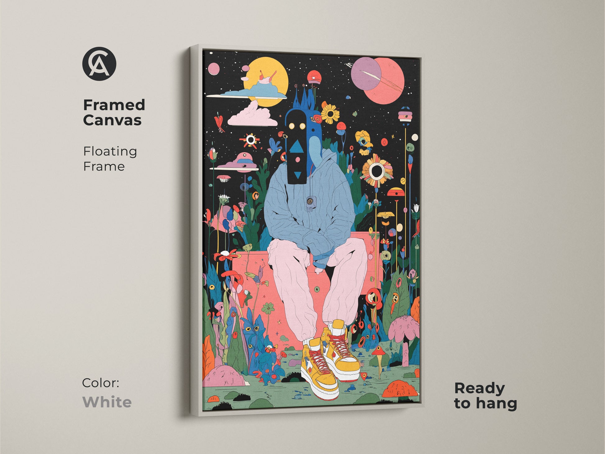White framed canvas art. This framed artwork displays a figure in a surreal environment. The floating frame provides a clean look. It is ready to hang. This piece is perfect for modern spaces.